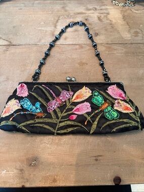 Embroidered Dragonfly Evening Clutch - Black